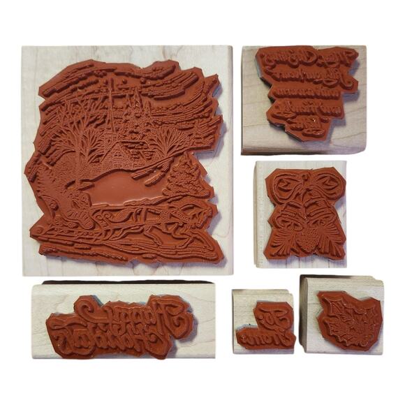 2003 Stampin' Up! Set 6 Christmas Holiday Rubber Wood Mount Stamps NEW Condition - Picture 4 of 6